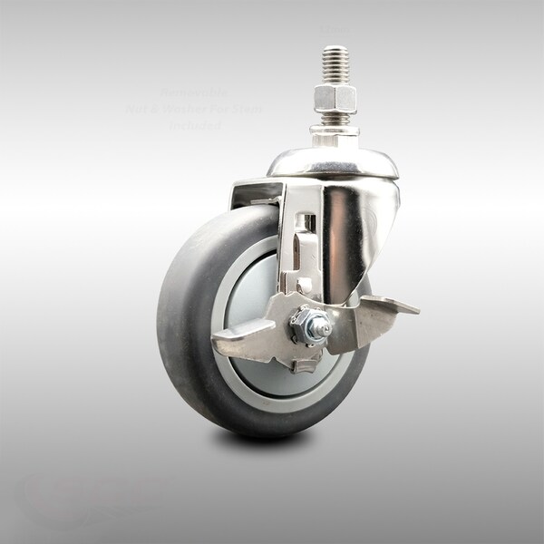 Service Caster 4 Inch 316SS Thermoplastic Rubber Swivel 12mm Threaded Stem Caster Brake SCC SCC-SS316TS20S414-TPRB-TLB-M1215 - main